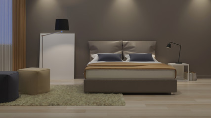 Modern house interior. Bedroom design in warm tones. 3D rendering.