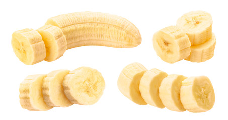 Peeled banana slices isolated on white background