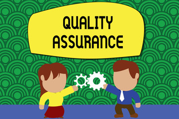 Word writing text Quality Assurance. Business photo showcasing Ensures a certain level of quality Established requirement Standing young couple sharing gear. Man tie woman skirt commerce relation