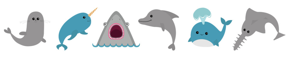 Sea ocean animal fauna icon set line. Blue whale, sawshark, dolphin, narwhal, seal. Saw shark fish. Water inhabitant. Cute cartoon baby character collection. White background Flat design. © worldofvector