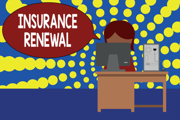 Word writing text Insurance Renewal. Business photo showcasing Protection from financial loss Continue the agreement Young female working office sitting desktop computer office monitor photo