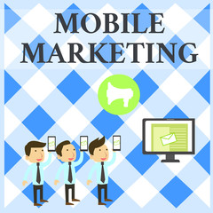 Text sign showing Mobile Marketing. Business photo showcasing technique focused reaching audience on their smart device SMS Email Marketing Media Audience Attraction Personal Computer Loudspeaker