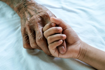 Hands of the old man and a child's hand on the wood table