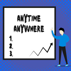 Writing note showing Anytime Anywhere. Business concept for saying that you can do something at every place and moment Man standing pointing up blank rectangle Geometric background
