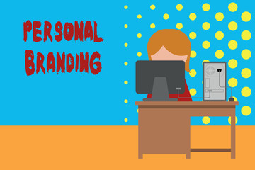 Conceptual hand writing showing Personal Branding. Concept meaning Practice of People Marketing themselves Image as Brands Young female working in office computer office monitor photo