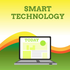 Text sign showing Smart Technology. Business photo showcasing gadgets or device that has a built in computer or chip Open Modern Laptop Switched On with Website Homepage on Screen Web Search