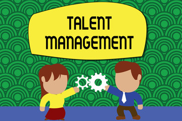 Word writing text Talent Management. Business photo showcasing Acquiring hiring and retaining talented employees Standing young couple sharing gear. Man tie woman skirt commerce relation