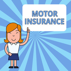 Writing note showing Motor Insurance. Business concept for Provides financial compensation to cover any injuries Woman Standing with Raised Left Index Finger Pointing at Blank Text Box