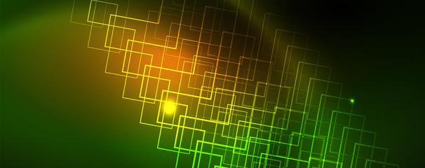 Techno glowing background, futuristic dark template with neon light effects and simple forms, vector