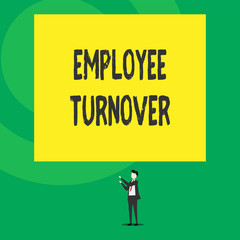Word writing text Employee Turnover. Business photo showcasing Number or percentage of workers who leave an organization Isolated view young man standing pointing upwards two hands big rectangle