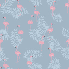 Flamingo pink bird with monstera leaf seamless pattern