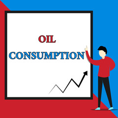 Text sign showing Oil Consumption. Business photo text This entry is the total oil consumed in barrels per day View young man standing pointing up blank rectangle Geometric background