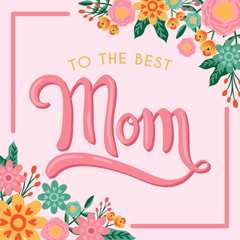 Happy Mother's Day With Hand Drawn Flower Wreath Vector Illustration - Hand drawn Calligraphy Lettering