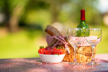 Rest and holiday at a picnic. on the weekend. romance .vino and bakalls