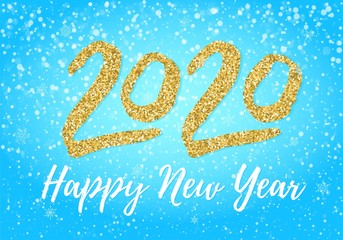 Merry christmas and 2020 happy new year postcard with falling snow on blue sky, frozen numbers 2020, snowdrifts, flat style design vector illustration on gradient background. Year of the metal rat.