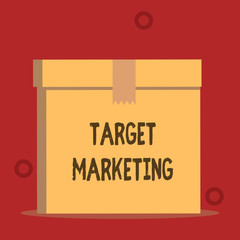 Word writing text Target Marketing. Business photo showcasing Audience goal Chosen clients customers Advertising Close up front view open brown cardboard sealed box lid. Blank background