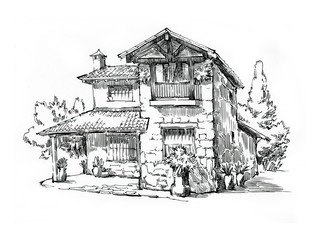 Rural house landscape. Fullsize raster artwork. Ind and pen illustration.