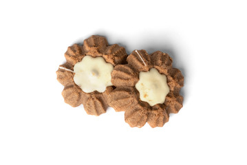 Chocolate shortbread cookies isolated on white background.