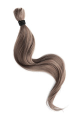 Brown hair isolated on white background. Long wavy ponytail - obrazy, fototapety, plakaty