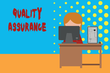 Conceptual hand writing showing Quality Assurance. Concept meaning Ensures a certain level of quality Established requirement Young female working in office computer office monitor photo