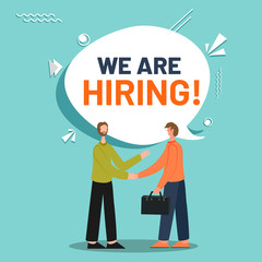 Advertising poster or template design with character of businessmen shaking hands for we are hiring recruitment concept.