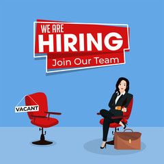 Businesswoman sitting on office chair with vacant chair for We're Hiring join our team, Job vacancy concept. Can be used as poster or template design.