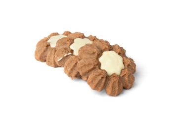 Chocolate shortbread cookies isolated on white background.