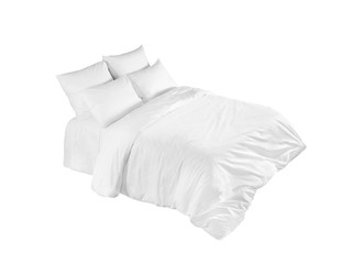 White bedlinen on a white bed isolated. Bedroom with bed and linen. Bed with pillows and duvet isolated.