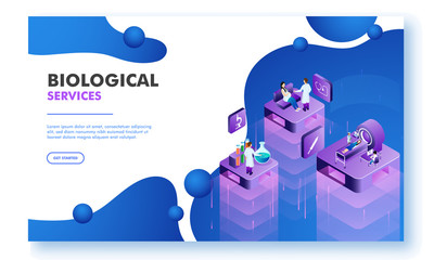 Landing page design for Biological Science, Isometric character of doctor doing checkup of patient for healthcare concept.