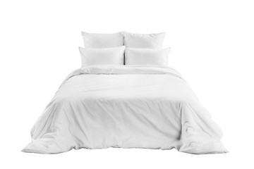 White bedlinen on a white bed isolated. Bedroom with bed and linen. Bed with pillows and duvet...
