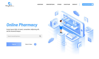 Isometric illustration of smartphone with medical equipment, a lady ordered medicine for Online Pharmacy service concept.