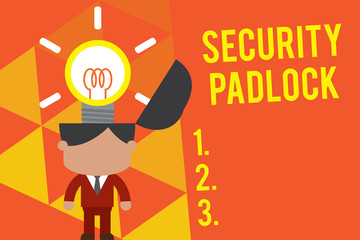 Handwriting text Security Padlock. Conceptual photo hardened steel body and double locking shackle of extra one Standing successful man suit necktie surging brilliant innovative solutions