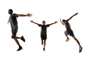 Fototapeta na wymiar Runners showing various gestures on white background, Runner in motion concept.