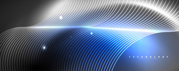 Fototapeta premium Shiny neon lights, dark abstract background with blurred magic neon light curved lines