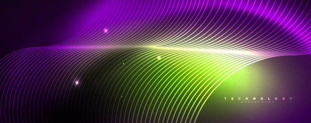 Shiny neon lights, dark abstract background with blurred magic neon light curved lines