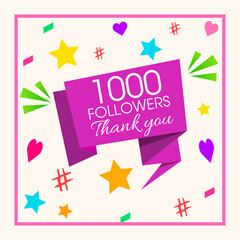 1000 followers thank you message on ribbon with social media symbols.