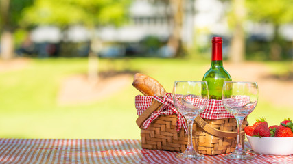 Picnic. bottle of wine with glasses. strawberry.romance.banner