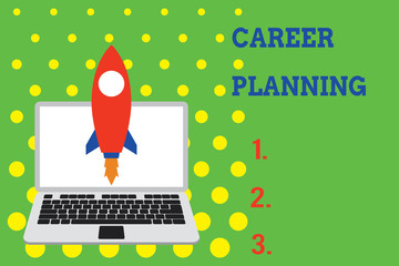Handwriting text Career Planning. Conceptual photo Strategically plan your career goals and work success Launching rocket up laptop . Startup project. Developing goal objectives