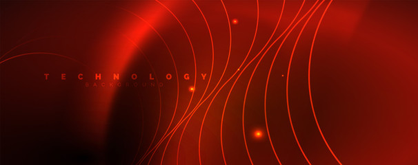 Bright neon circles and wave lines, glowing shiny background design template, digital techno concept.
