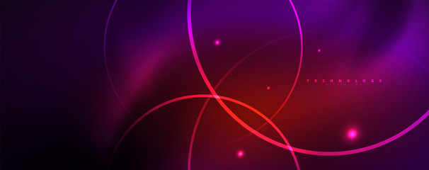 Shiny neon lights, dark abstract background with blurred magic neon light curved lines