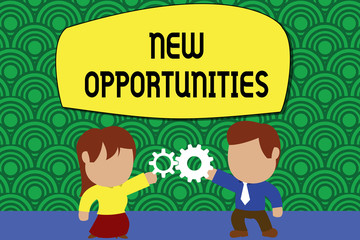 Word writing text New Opportunities. Business photo showcasing A situation that makes it possible to do something Standing young couple sharing gear. Man tie woman skirt commerce relation
