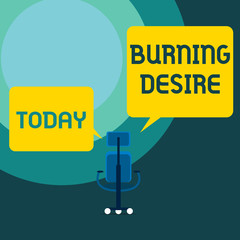 Conceptual hand writing showing Burning Desire. Concept meaning Extremely interested in something Wanted it very much Executive chair sharing two blank square speech bubbles side