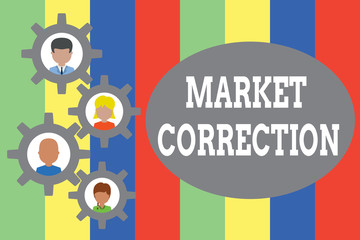 Text sign showing Market Correction. Business photo showcasing When prices fall 10 percent from the 52 week high Gearshaped picture frame family ornament mother father daughter son photo