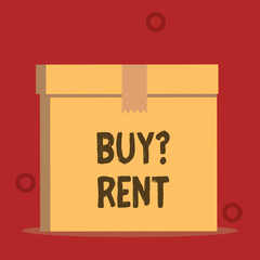 Word writing text Buy Question Rent. Business photo showcasing Group that gives information about renting houses Close up front view open brown cardboard sealed box lid. Blank background