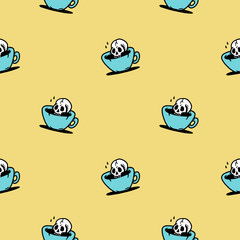 SKULL IN COFFEE CUP COLOR SEAMLESS PATTERN YELLOW BACKGROUND