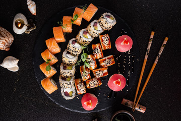 sushi on the black backround