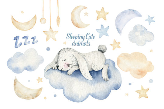 Cute dreaming cartoon animal hand drawn watercolor illustration. Sleeping charecher kids nursery wear fashion design, baby shower invitation card. © kris_art