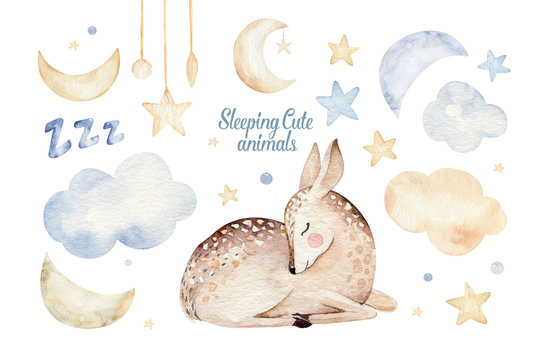 Cute dreaming cartoon deer animal hand drawn watercolor illustration. Sleeping charecher kids nursery wear fashion design, baby shower invitation card.