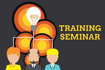 Conceptual hand writing showing Training Seminar. Concept meaning Academic instruction Formal presentation of a research Three executive persons sharing idea Startup team meeting