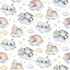 Gardinen Niedliche träumende Cartoon Tier handgezeichnete Aquarell nahtlose Muster. Schlafende Charecher Kinderzimmer tragen Modedesign, Einladung zur Babyparty © kris_art